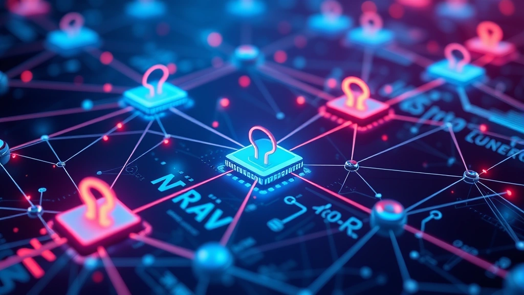 Network security infrastructure visualization showing interconnected nodes with VPN encryption tunnels protecting data flow, abstract yet realistic digital representation of protected connections