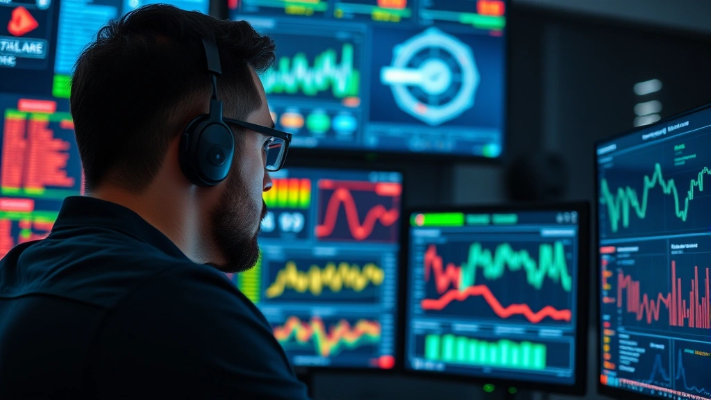 Close-up of a professional cybersecurity analyst monitoring multiple security dashboards with real-time threat alerts and network traffic visualization on large screens in a modern security operations center