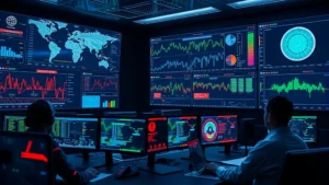 Photorealistic cybersecurity operations center with multiple security analysts monitoring holographic threat dashboards displaying network traffic patterns and attack visualizations in real-time