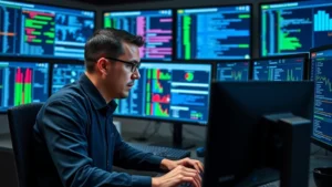 Professional cybersecurity analyst monitoring network traffic on multiple screens in a modern security operations center, blue and green data visualizations, serious focused expression