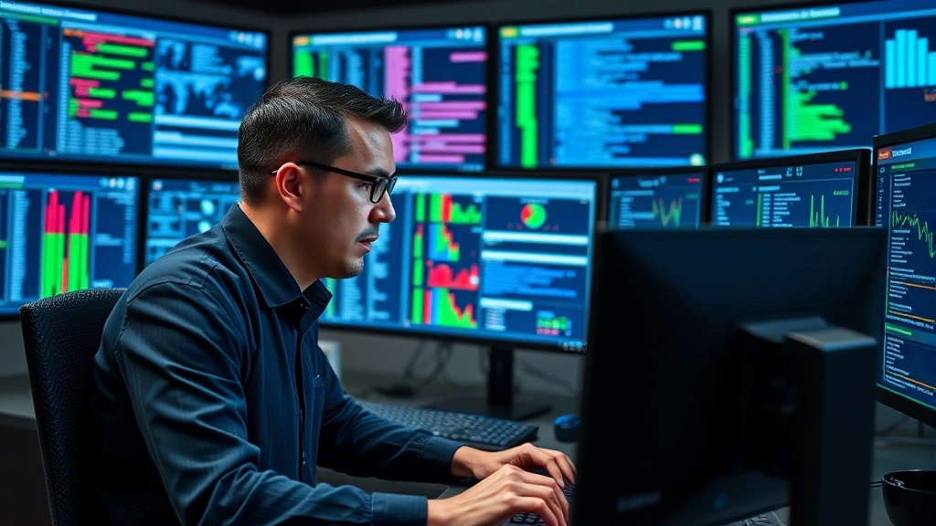 Professional cybersecurity analyst monitoring network traffic on multiple screens in a modern security operations center, blue and green data visualizations, serious focused expression