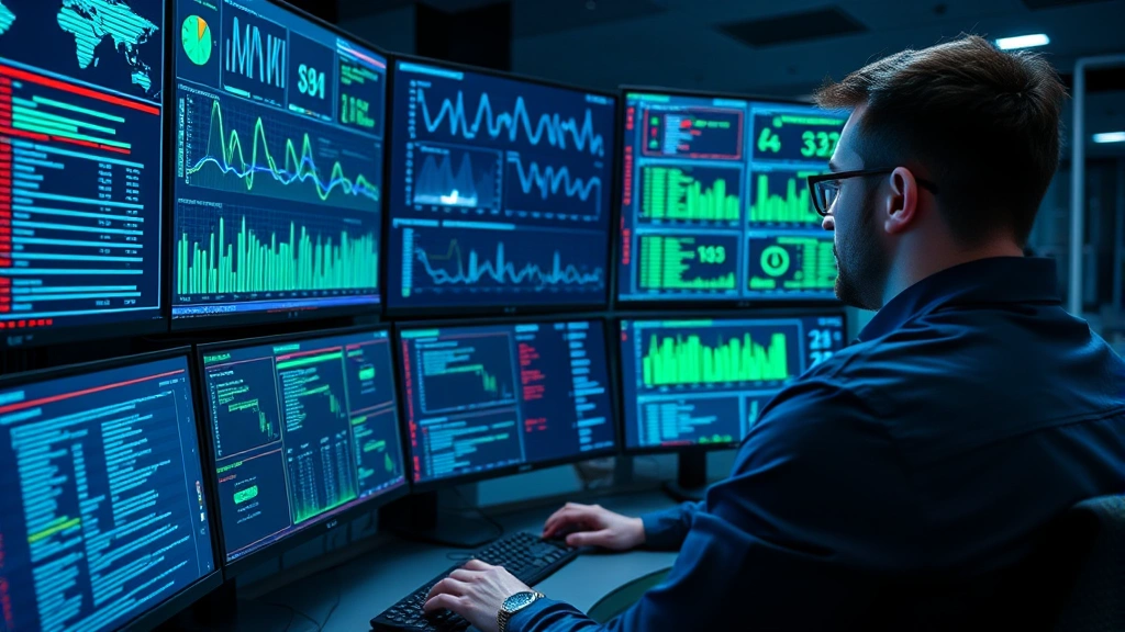 Cybersecurity analyst monitoring multiple screens displaying real-time network traffic patterns and security alerts in a modern security operations center with blue and green data visualizations