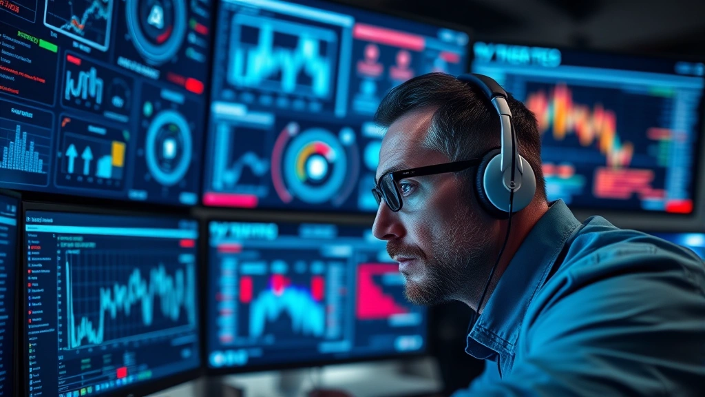 Professional cybersecurity analyst monitoring multiple digital security dashboards with network threat visualization displays, intense focused expression, modern SOC environment with blue and red threat indicators illuminating screens