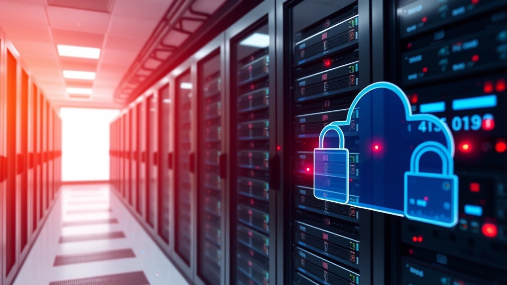Advanced data center with server racks and network infrastructure, red security warning lights and encryption locks overlaid on technology, representing cloud security and data protection systems