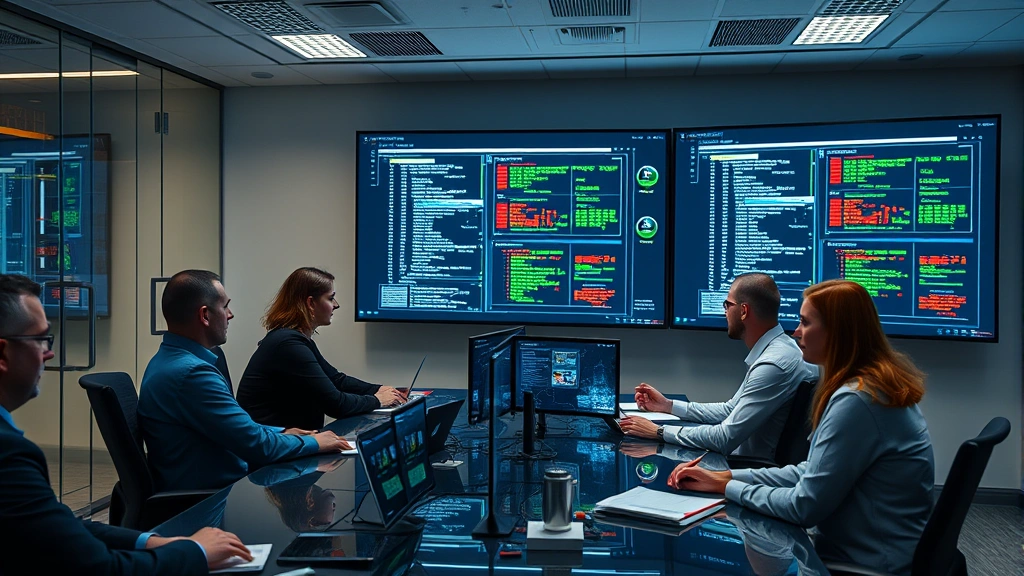 Security team conducting incident response meeting in corporate office, reviewing threat data on large display screens, collaborative professional environment