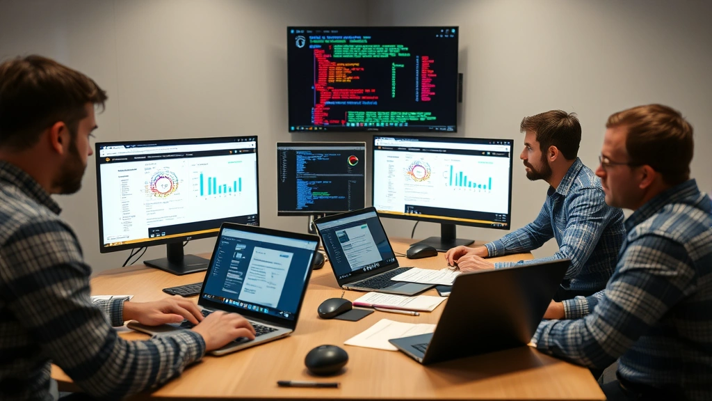 IT security team conducting incident response meeting with laptops, documents, and security dashboards visible, demonstrating collaborative threat investigation and remediation planning