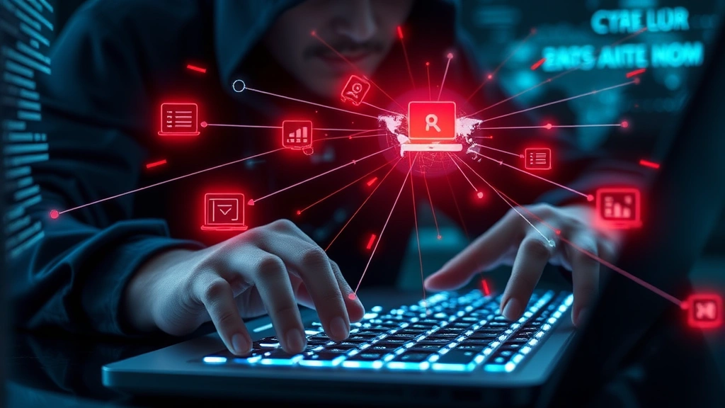 Sophisticated cyber threat actor conducting digital reconnaissance, hands over keyboard with holographic network visualization showing attack pathways and compromised systems spreading across connected networks