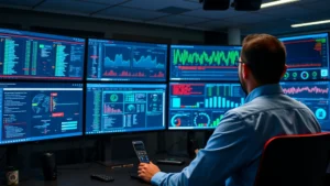 Cybersecurity professional monitoring multiple screens displaying network traffic analysis and threat detection dashboards in a modern security operations center