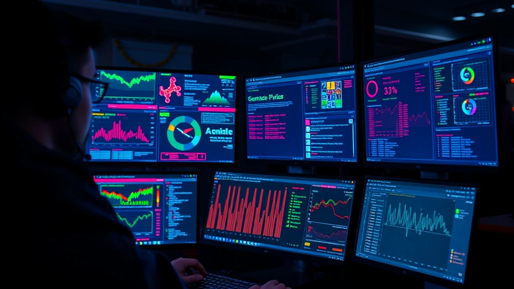 Cybersecurity analyst wearing headset monitoring multiple computer screens displaying colorful threat intelligence dashboards and real-time security alerts in a dimly lit operations center