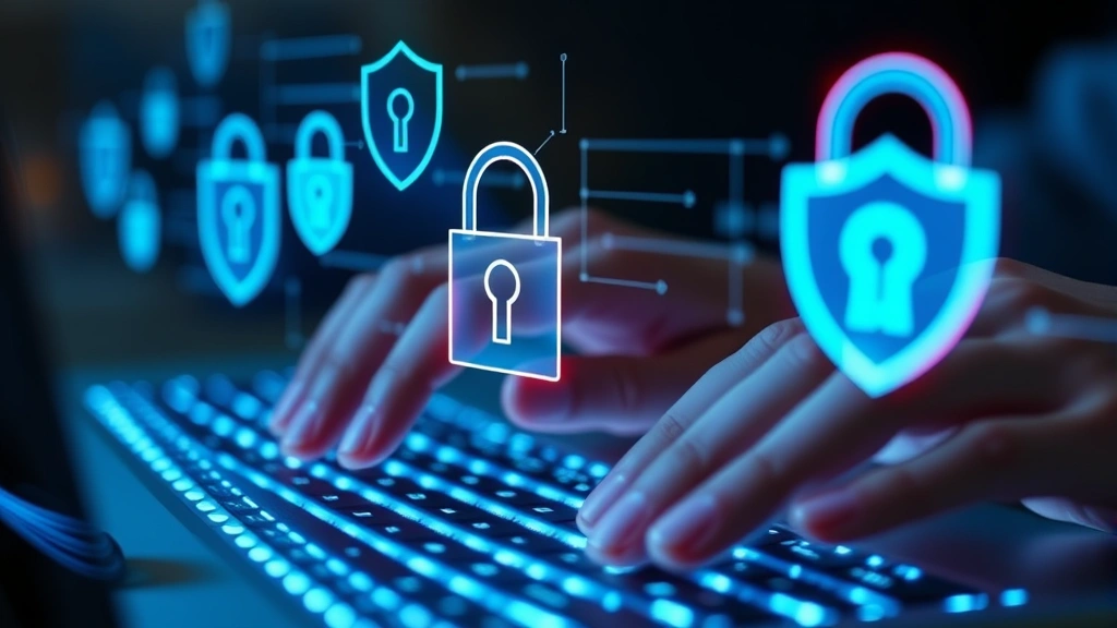 Close-up of hands typing on backlit keyboard with holographic security locks and shield icons floating above, representing data encryption and digital protection