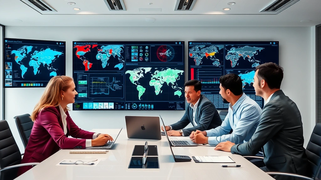 Team of diverse cybersecurity professionals in business casual attire collaborating around a modern conference table with large wall-mounted security monitoring displays showing threat maps