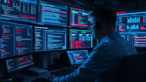 Cybersecurity analyst monitoring multiple screens showing network traffic, threat alerts, and security dashboards in a modern SOC environment with blue and red threat indicators