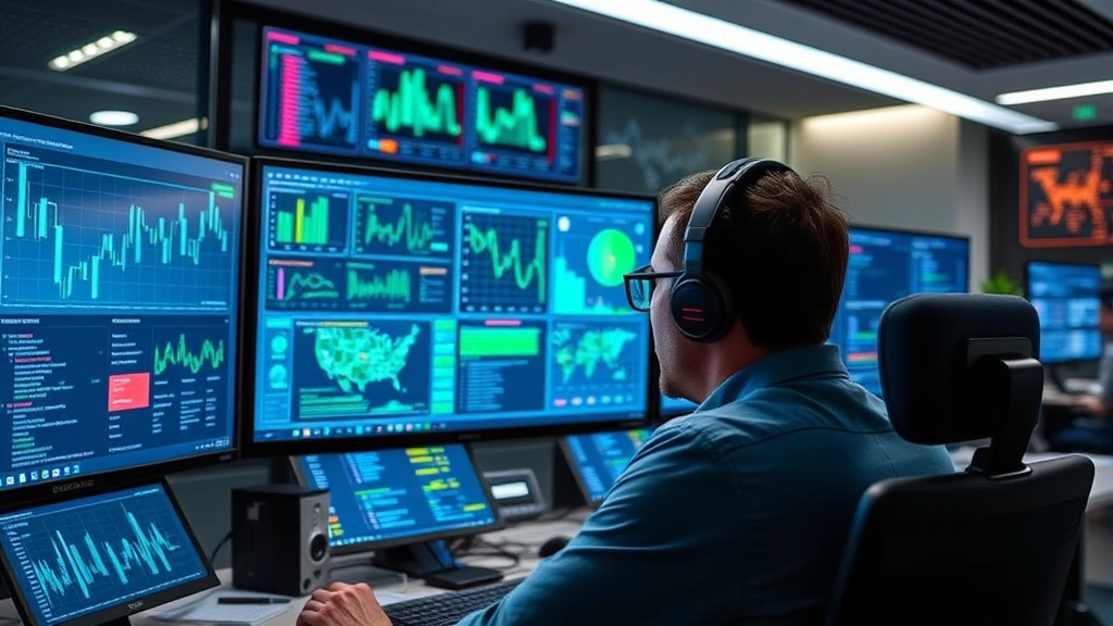 Cybersecurity analyst monitoring multiple digital screens displaying network traffic flows, threat dashboards, and security alerts in a modern operations center with blue and green data visualizations