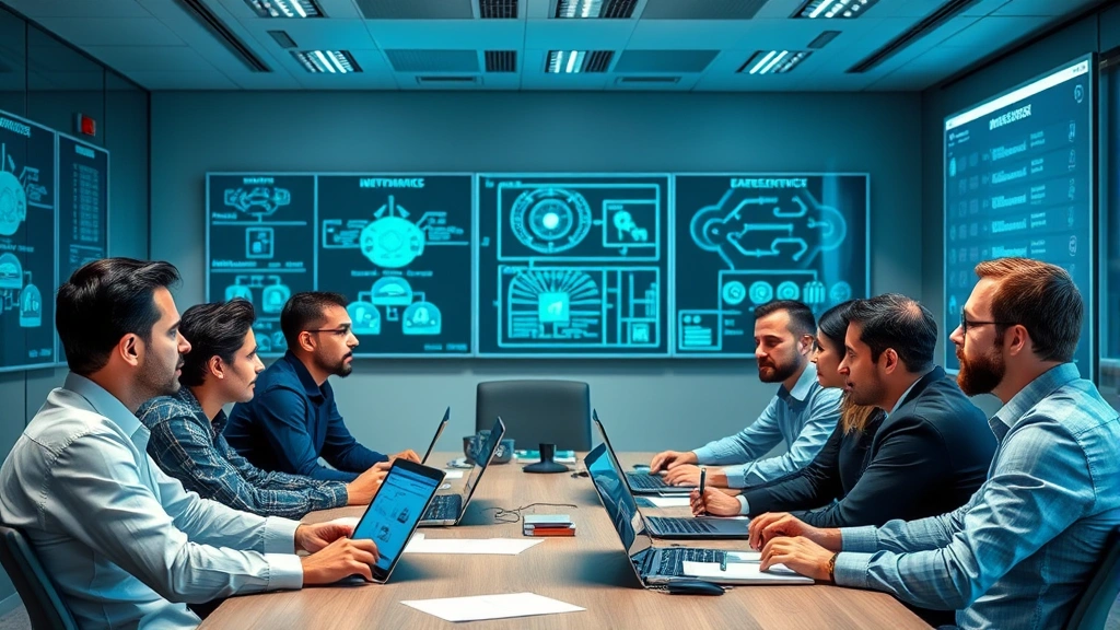 Diverse team of security professionals in a conference room reviewing incident response procedures, with network diagrams and security frameworks visible on wall displays