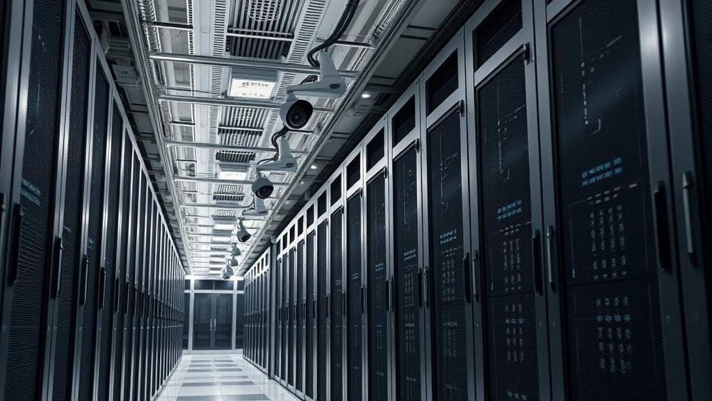 Enterprise data center with rows of secure server racks, fiber optic cables, and security cameras, representing protected infrastructure and data storage systems