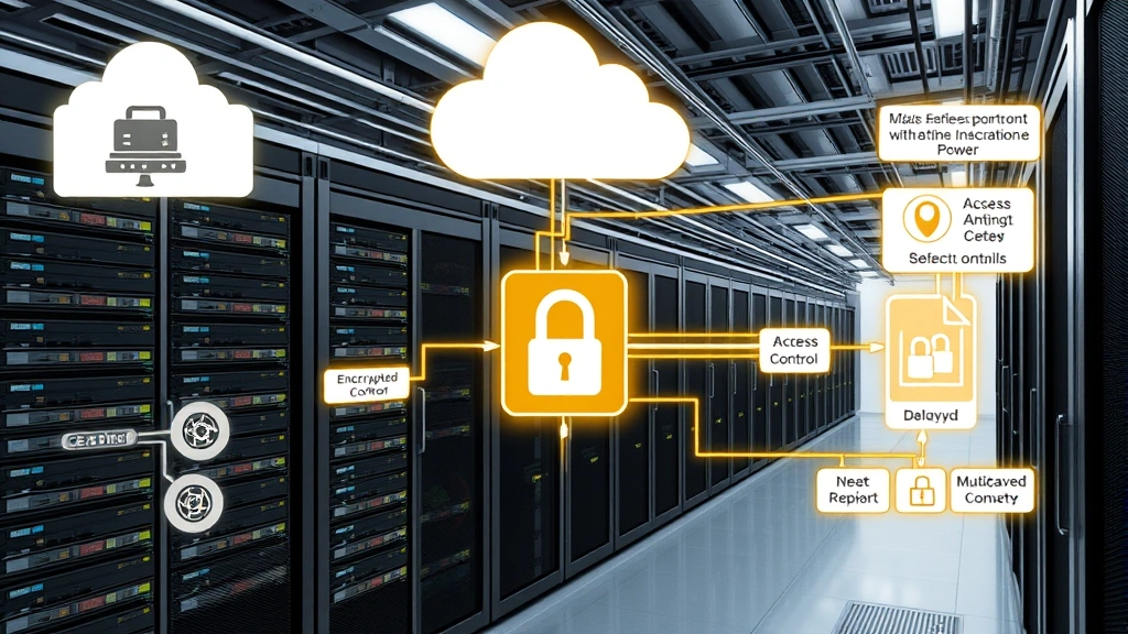Enterprise data center with servers, network equipment, and security infrastructure showing encrypted data flows, access control checkpoints, and multi-layered defense systems