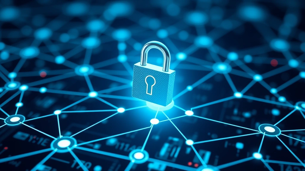 Digital lock and shield icon floating above interconnected network nodes and data streams, symbolizing encryption, access control, and data protection mechanisms