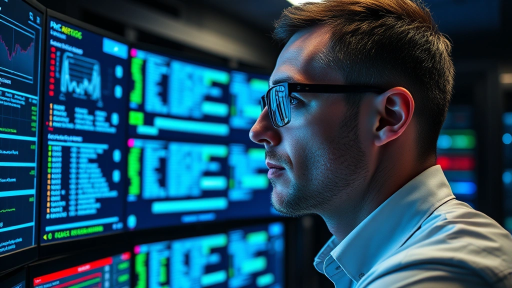 Professional cybersecurity analyst monitoring encrypted data streams on multiple digital displays, blue and green light reflections on face, secure server room background, no visible code or text
