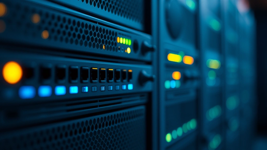 Close-up of hardware security module with glowing indicators and connection ports, representing AES key storage infrastructure, professional data center lighting, no screen displays