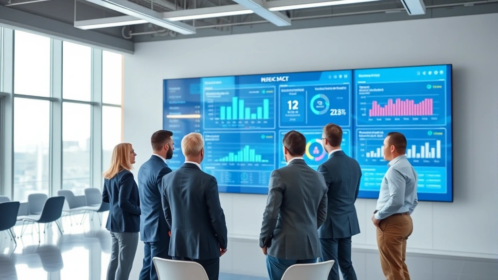Professional cybersecurity experts in a modern conference hall discussing network security strategies around a large digital display showing threat intelligence dashboards, diverse group in business attire, bright contemporary setting