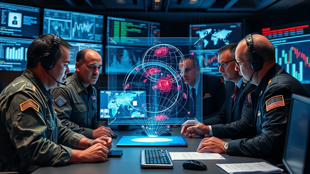 Military and government officials examining holographic threat visualization in a high-tech command center environment, multiple screens displaying network topology and security metrics, serious focused atmosphere
