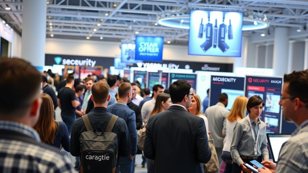 Diverse cybersecurity professionals networking in an exhibition hall with advanced security technology displays, vendor booths showcasing cutting-edge solutions, collaborative professional environment with modern lighting