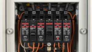 Close-up of a modern AFCI circuit breaker panel showing multiple protective breakers installed in a residential electrical panel, with copper wiring visible and professional installation quality