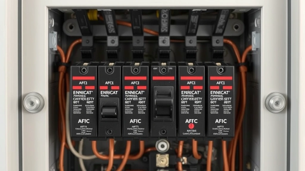 Close-up of a modern AFCI circuit breaker panel showing multiple protective breakers installed in a residential electrical panel, with copper wiring visible and professional installation quality