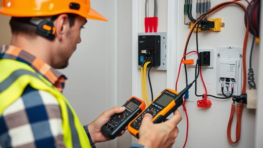 Electrician using a multimeter to test electrical circuits in a home, wearing safety equipment while checking wiring integrity and circuit protection devices