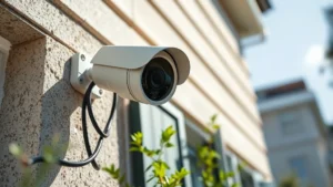 Professional security camera mounted on exterior residential wall in daylight, showing realistic weathering and proper cable management, photorealistic detail on lens and housing