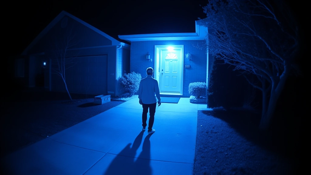 Night vision security footage showing person approaching residential entrance, clear infrared illumination of driveway and door area, realistic dark scene with visible detail
