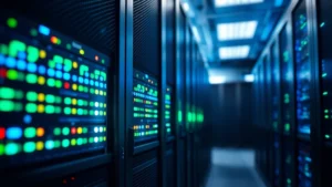 Close-up of secure data center with server racks illuminated by blue and green indicator lights, representing protected information infrastructure and cybersecurity systems