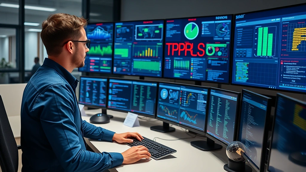 Professional cybersecurity analyst reviewing security dashboards on multiple monitors in a modern control room, displaying network monitoring and threat detection systems