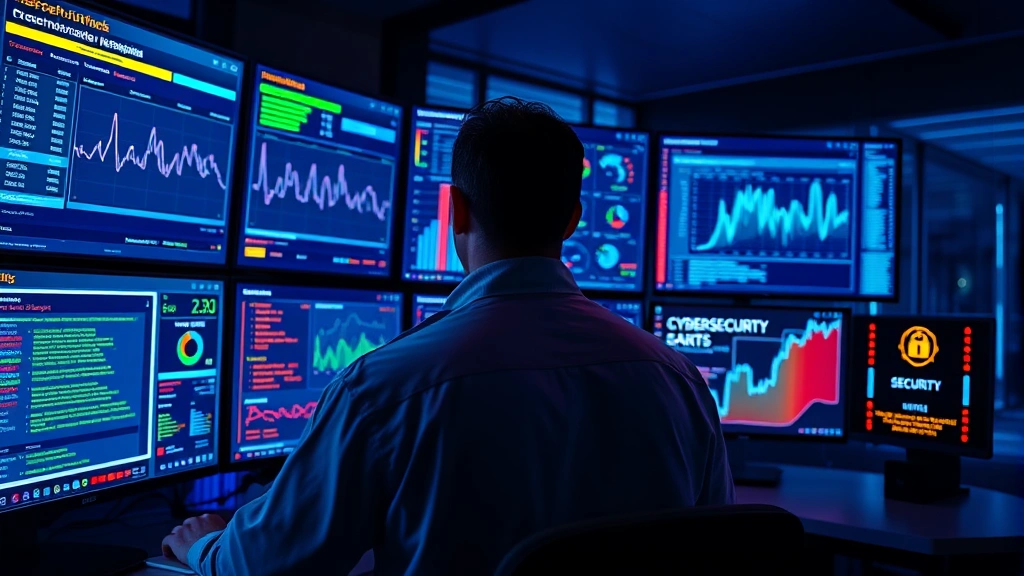 Cybersecurity professional monitoring multiple security dashboards displaying network traffic, threat indicators, and system alerts in a modern security operations center with blue and amber lighting, photorealistic, no text or code visible