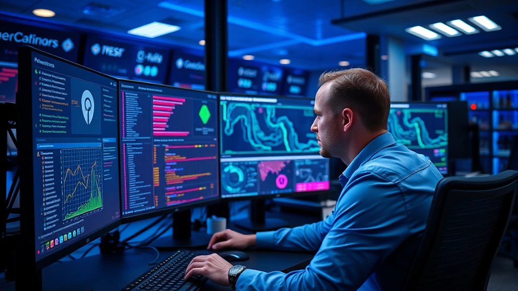 Professional cybersecurity analyst monitoring network security dashboard with multiple screens displaying threat detection alerts and network traffic patterns in a modern security operations center with blue lighting and professional atmosphere
