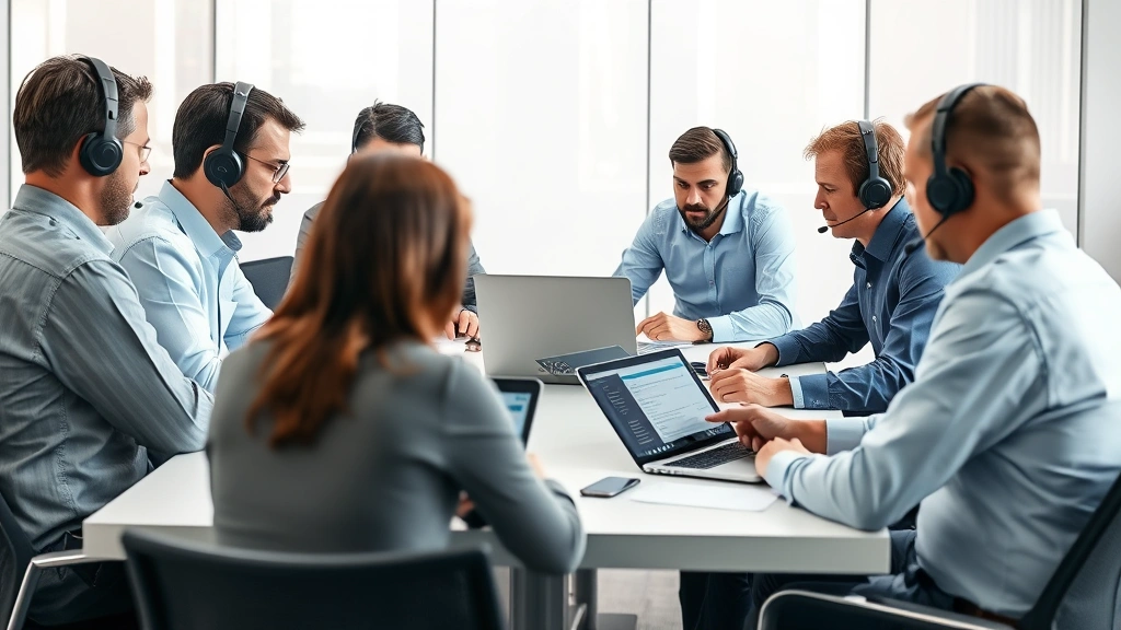 Security team conducting incident response simulation with professionals in headsets around a conference table reviewing incident details on tablets and laptops, modern office setting, photorealistic, no visible screens or text