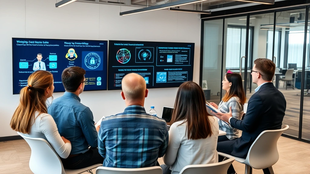 Diverse group of employees in modern office environment participating in interactive security awareness training session with digital displays showing security concepts and engaged participants taking notes