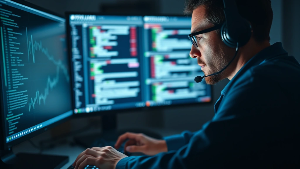 Close-up of security professional wearing headset examining data on illuminated workstation in darkened monitoring room, hands on keyboard, focused analytical expression, photorealistic, no code or terminal windows visible