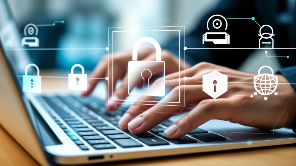 Close-up of professional hands typing on keyboard with digital security interface overlay showing encryption, multi-factor authentication icons, and cybersecurity protection symbols representing secure online practices