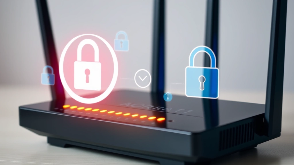 Close-up of modern WiFi router with LED indicators glowing, showing security locks and padlock symbols overlaid, professional home network equipment in neutral background
