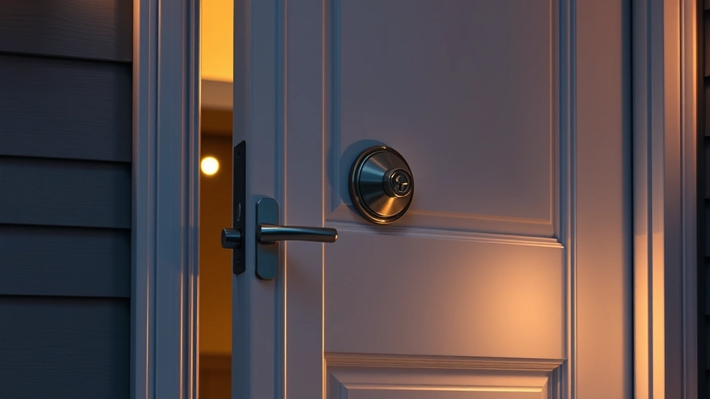 Modern residential front door with professional deadbolt lock, reinforced frame, and motion-activated LED lighting at dusk, photorealistic security hardware details visible