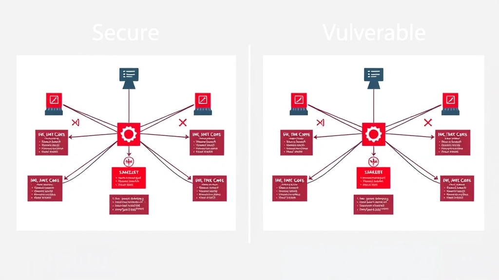 Split-screen comparison showing secure versus vulnerable network diagrams with data flow visualization, cybersecurity threat indicators, professional technical illustration style