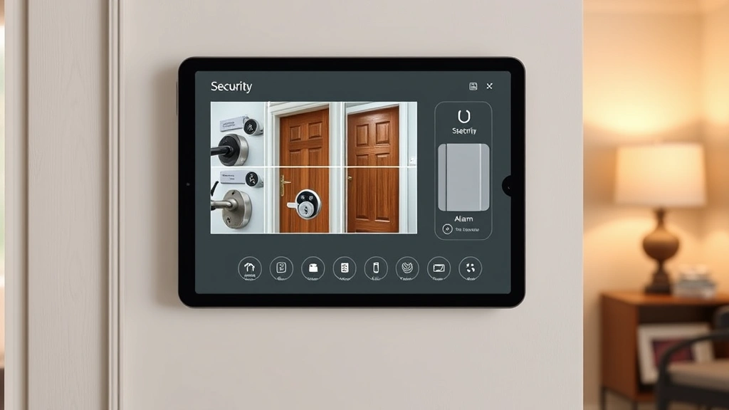 Smart home security control panel displaying camera feeds, door lock status, and alarm system interface on mounted tablet, realistic smart home technology setup