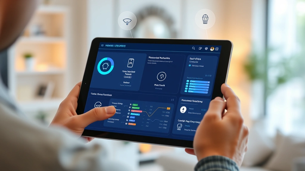 Person using tablet to monitor home network security dashboard with device icons, connection lines, and security status indicators, modern smart home environment