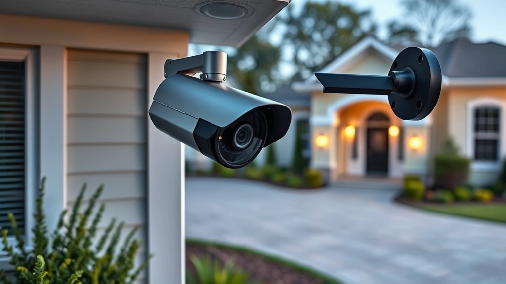 Professional security camera mounted on residential exterior corner, capturing clear view of driveway and entry points, nighttime infrared capability visible, photorealistic installation