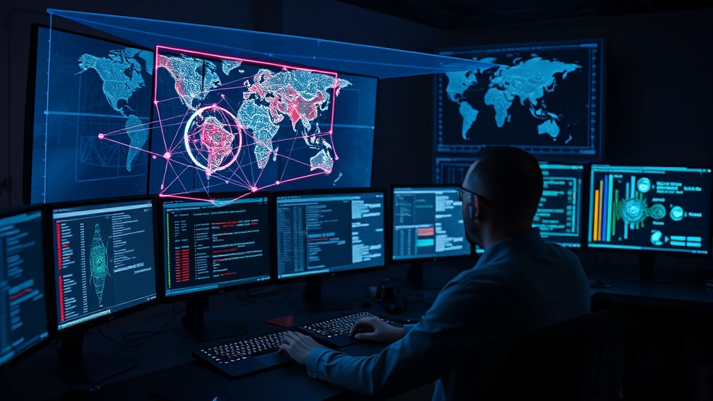 Cybersecurity professional analyzing threat intelligence data on multiple monitors in a secure operations center, holographic displays showing network topology, dark theme workspace