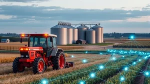 Farm equipment and IoT sensors connected by glowing digital network lines, showing secure data transmission across agricultural landscape with grain silos and fields in background, cybersecurity visualization