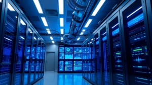 Modern data center with blue lighting and servers, cybersecurity monitoring dashboards visible, professional security operations environment, no text or code visible