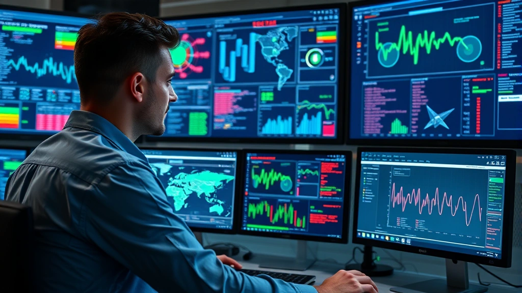 Professional cybersecurity analyst monitoring multiple digital security dashboards with network traffic visualizations and threat detection alerts displayed on screens in a modern security operations center