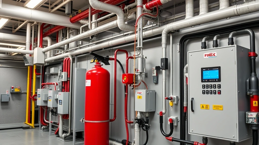 Industrial fire suppression system with networked sensors and control panels in a secure facility, modern technology integration, professional installation, no visible text